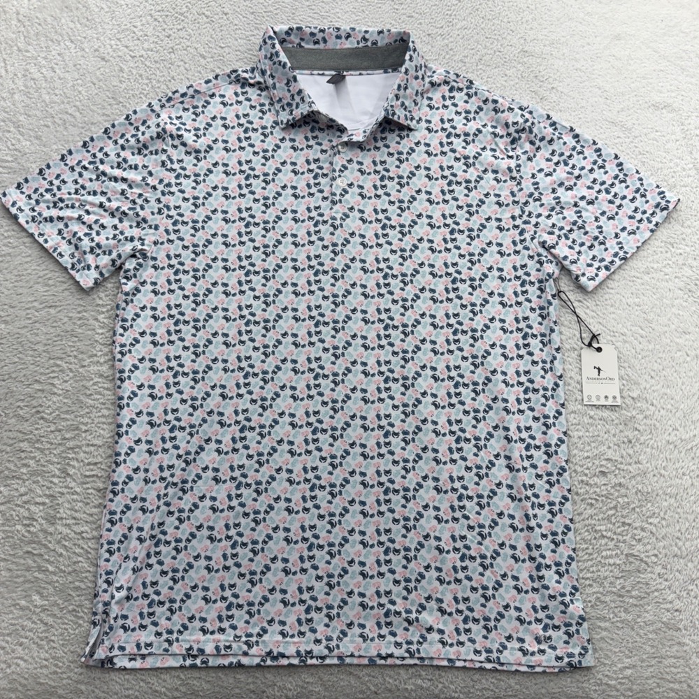 AndersonOrd Mens Grumbler Polo Shirt White Crab Print Golf Athleisure Large NWT